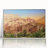 Large art print of a Moroccan landscape in muted earth tones on a framed acrylic, ideal for modern art wall decor.