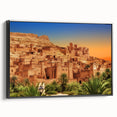 Black and white vintage poster art of a Moroccan landscape on framed canvas, suitable for bedroom wall decor.