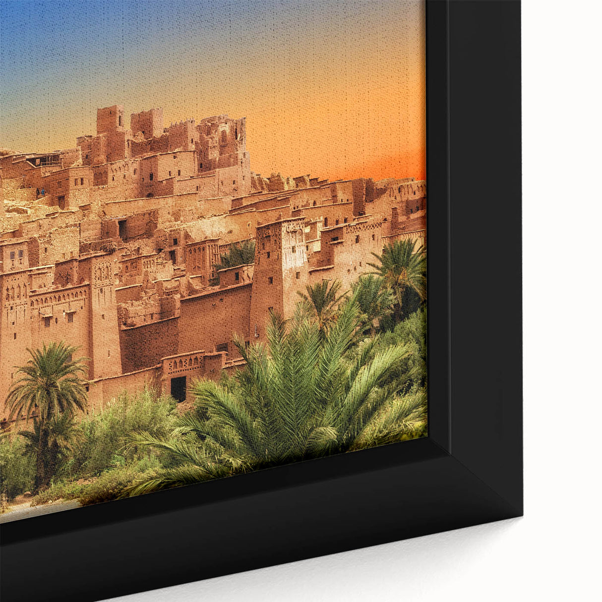Extra large framed canvas of a textured Moroccan scenery in black with colorful accents, ideal for living room decor.