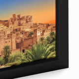 Extra large framed canvas of a textured Moroccan scenery in black with colorful accents, ideal for living room decor.