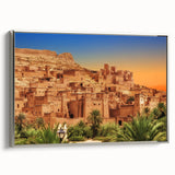 Vintage poster art of a Moroccan scenery on framed canvas, featuring colorful art in extra large format.