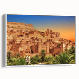 Framed canvas featuring a vintage-style Moroccan landscape in muted earth tones, ideal for bedroom wall art.