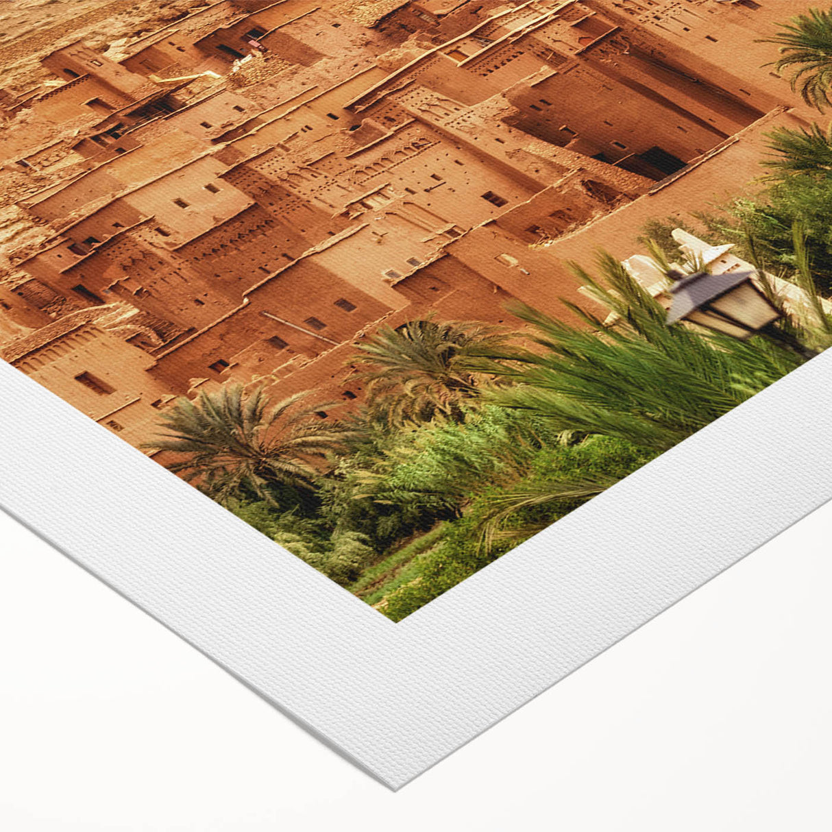 Art deco poster of a Moroccan landscape in earth tones on rolled canvas, suitable for dining room decor.