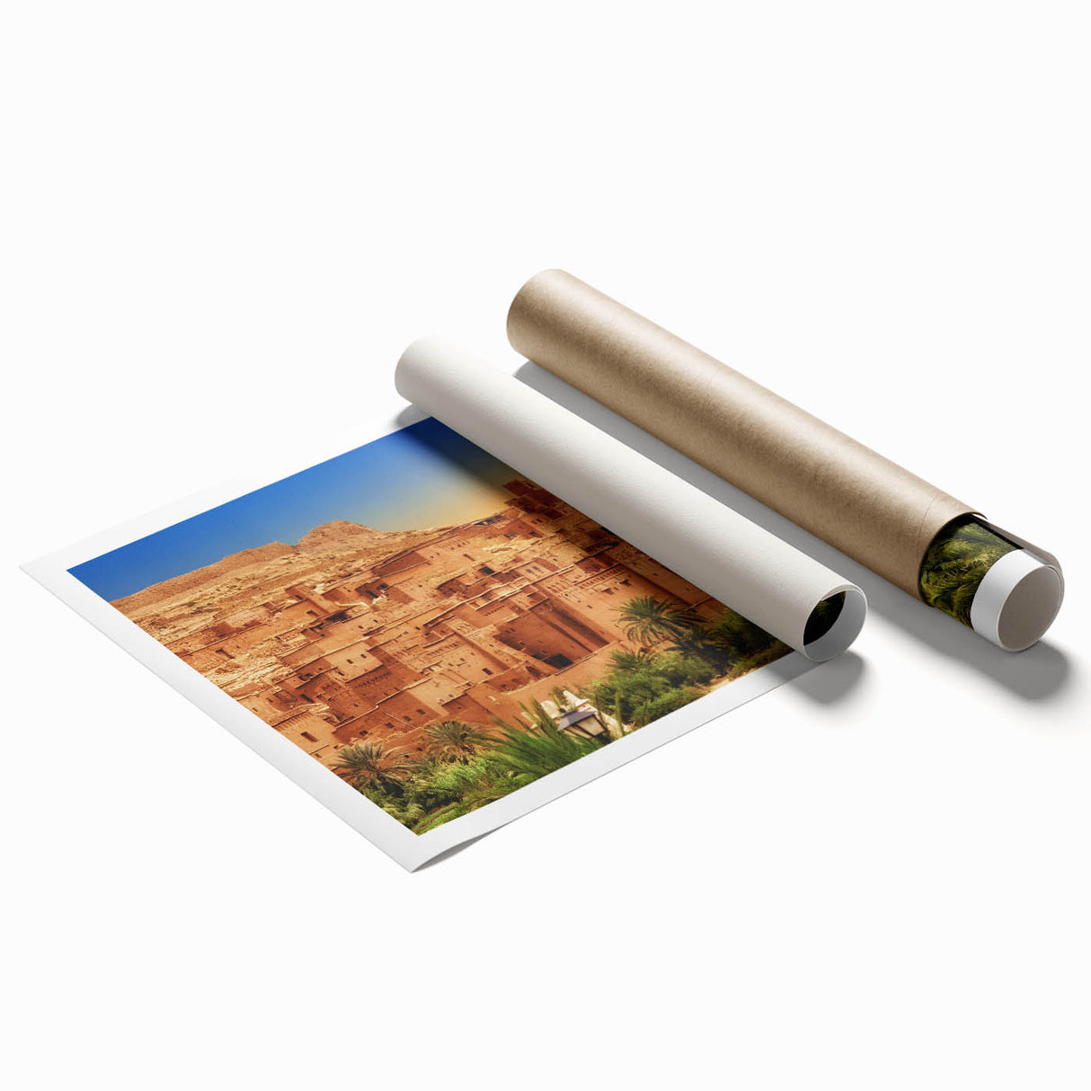 Extra large rolled print of a Moroccan scenery with vibrant floral elements.
