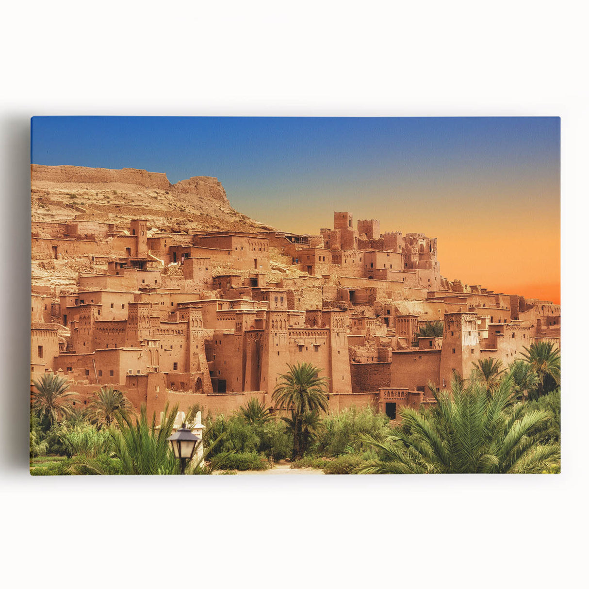 Black and white stretched canvas featuring a Moroccan scenery, ideal for kitchen wall art.
