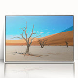 Framed acrylic print of a Namibian landscape in earth tones, ideal for modern art wall decor.