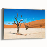Vintage poster art of a Namibian landscape on framed canvas, featuring vibrant colors ideal for living room decor.