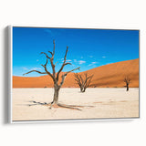 Framed canvas of a Namibian landscape with muted earth tones, ideal for bedroom wall art.
