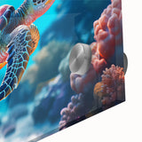 Large abstract wall art depicting a Seychelles scenery in muted blue and green tones on acrylic glass.