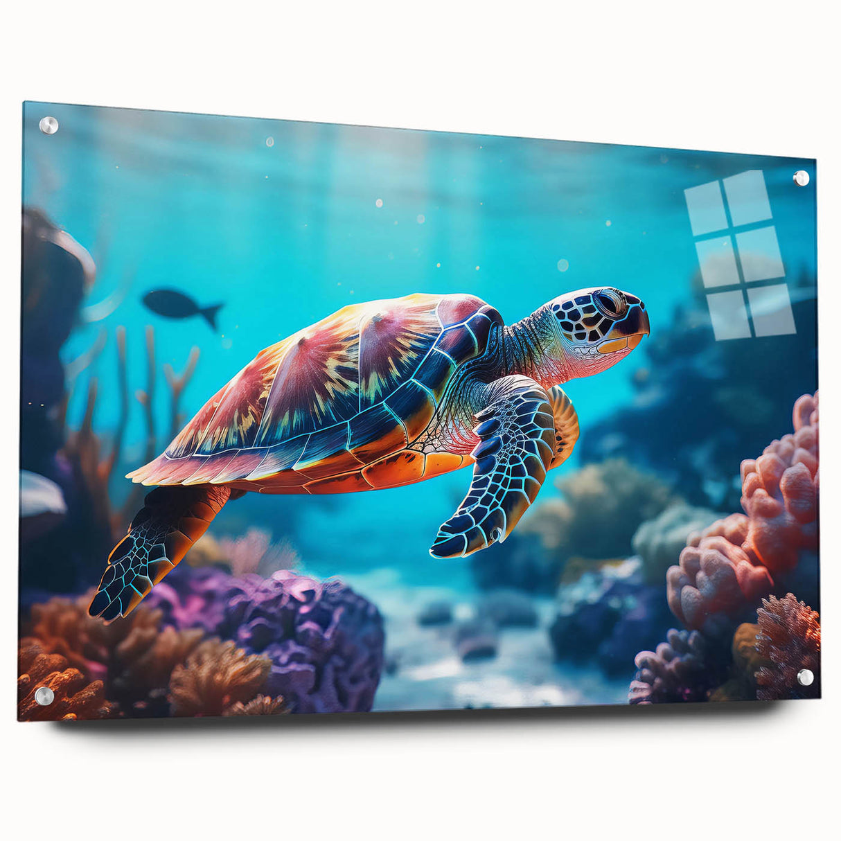 Acrylic print of a Seychelles landscape with lush greens and ocean blues, ideal for dining room decor.