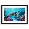 Extra large abstract art print depicting a colorful, textured scenery of Seychelles, framed in black.