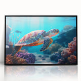 Large abstract wall art depicting a Seychelles scenery in muted blue and green tones on framed acrylic.