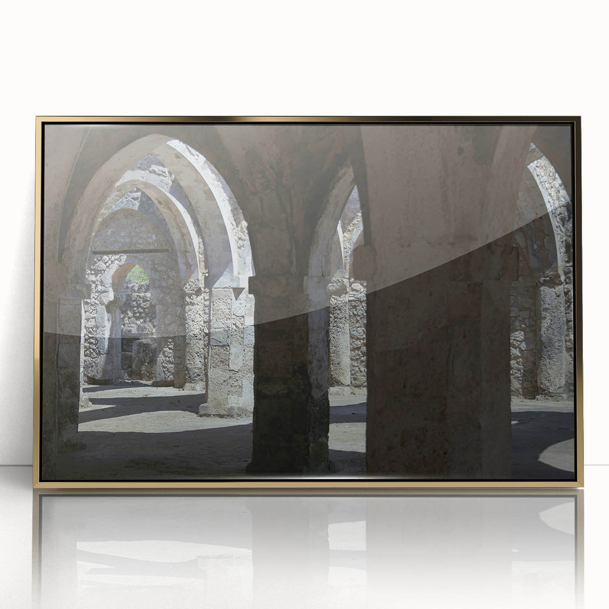 Large art print of a Tanzanian scenery in mid-century modernist style, with muted earth tones on framed acrylic.