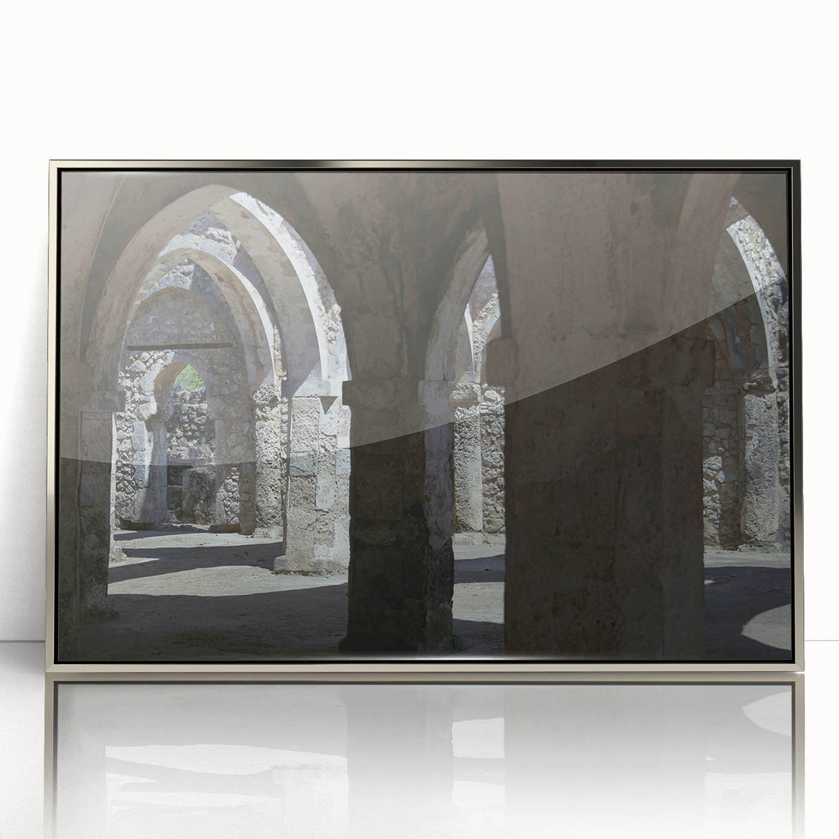 Mid-century modernist art depicting a serene Tanzanian landscape in soft earth tones on a framed acrylic print.