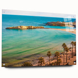 Large abstract wall art depicting a Tunisian landscape in muted earth tones on acrylic glass.