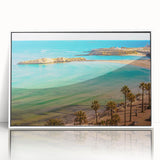 Art deco poster of a Tunisian landscape in muted earth tones on a white framed acrylic, suitable for modern art wall decor.