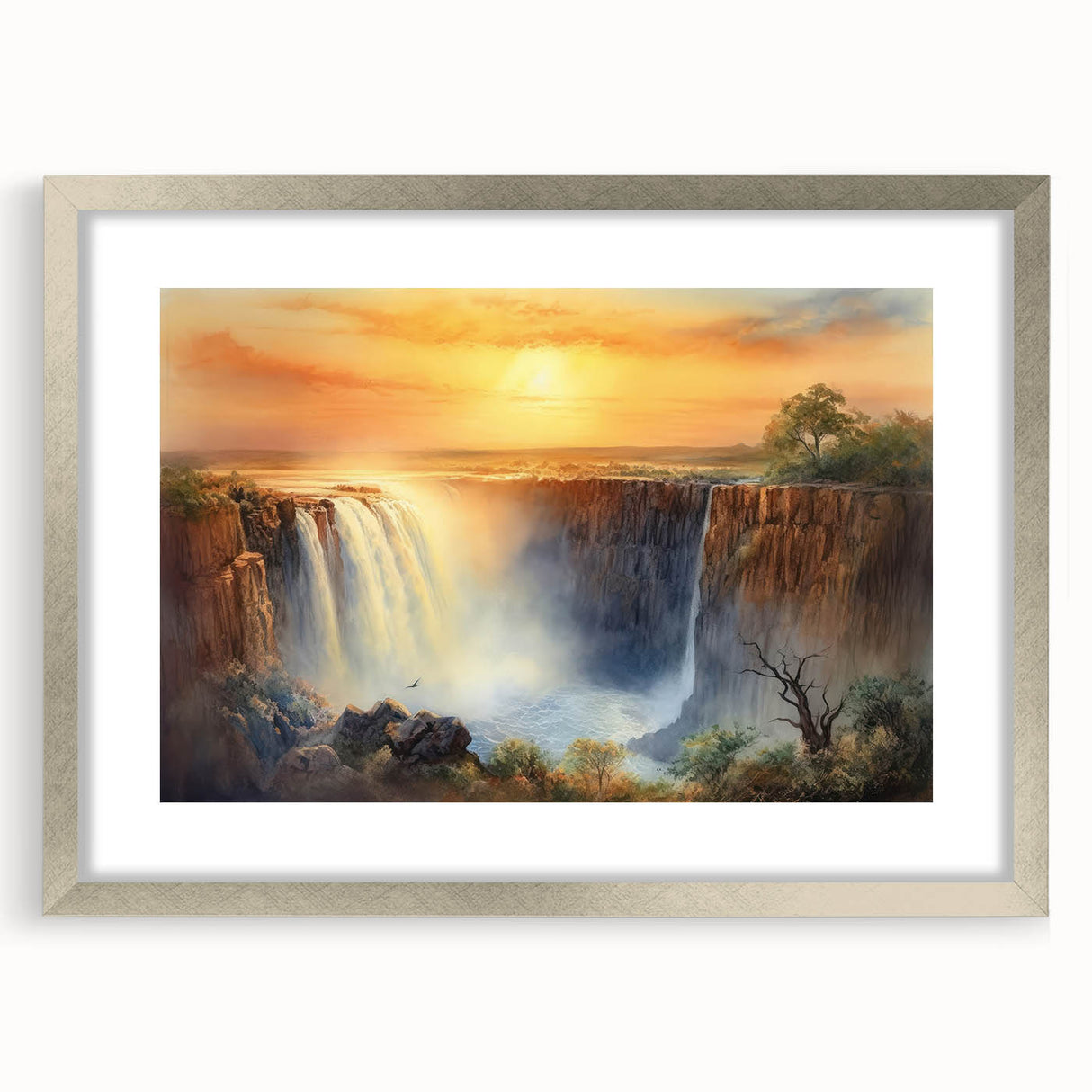 Textured abstract art print depicting a serene African landscape in earth tones on a framed silver mat.