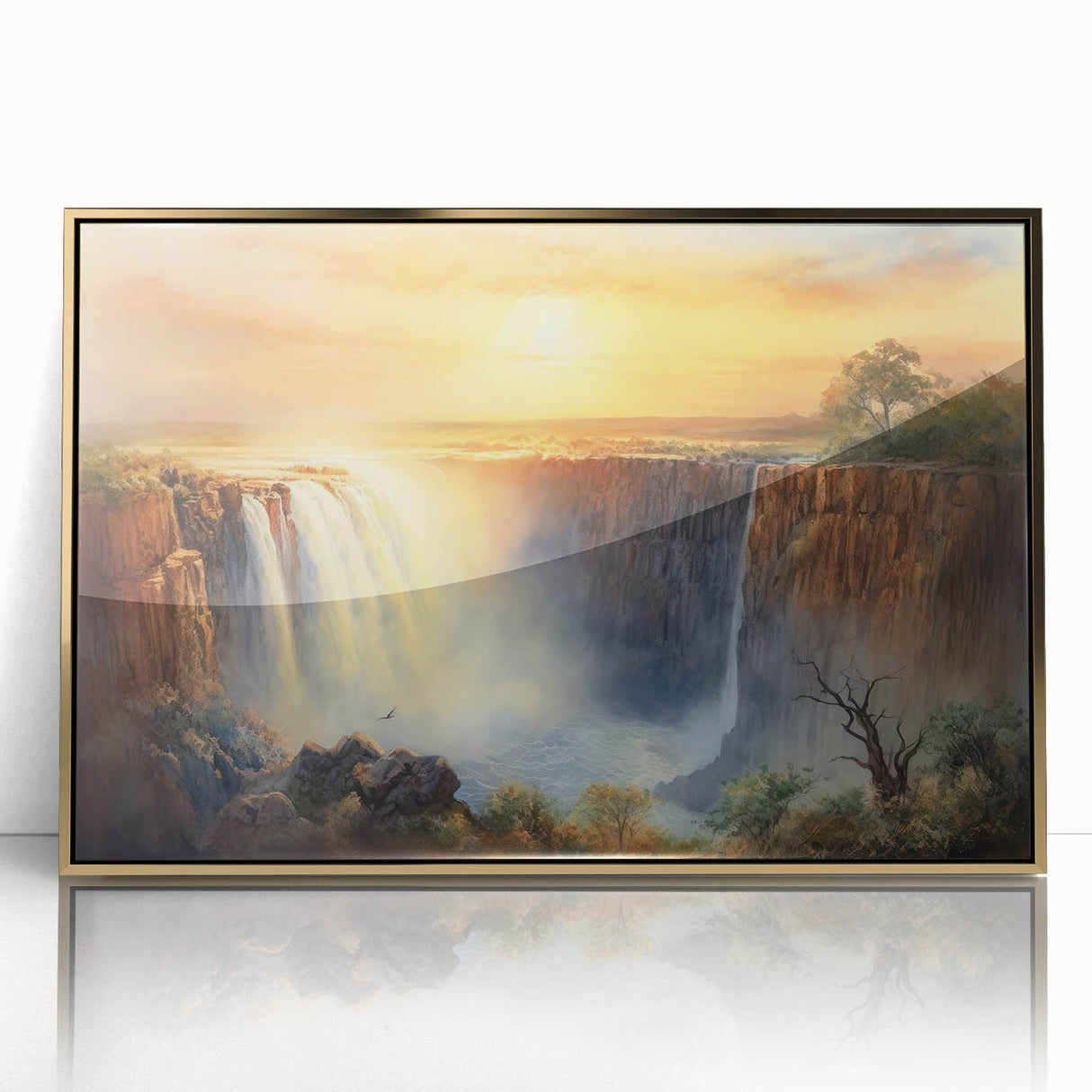 Art deco poster of Zambia scenery in gold and green tones on framed acrylic, suitable for modern art wall decor.