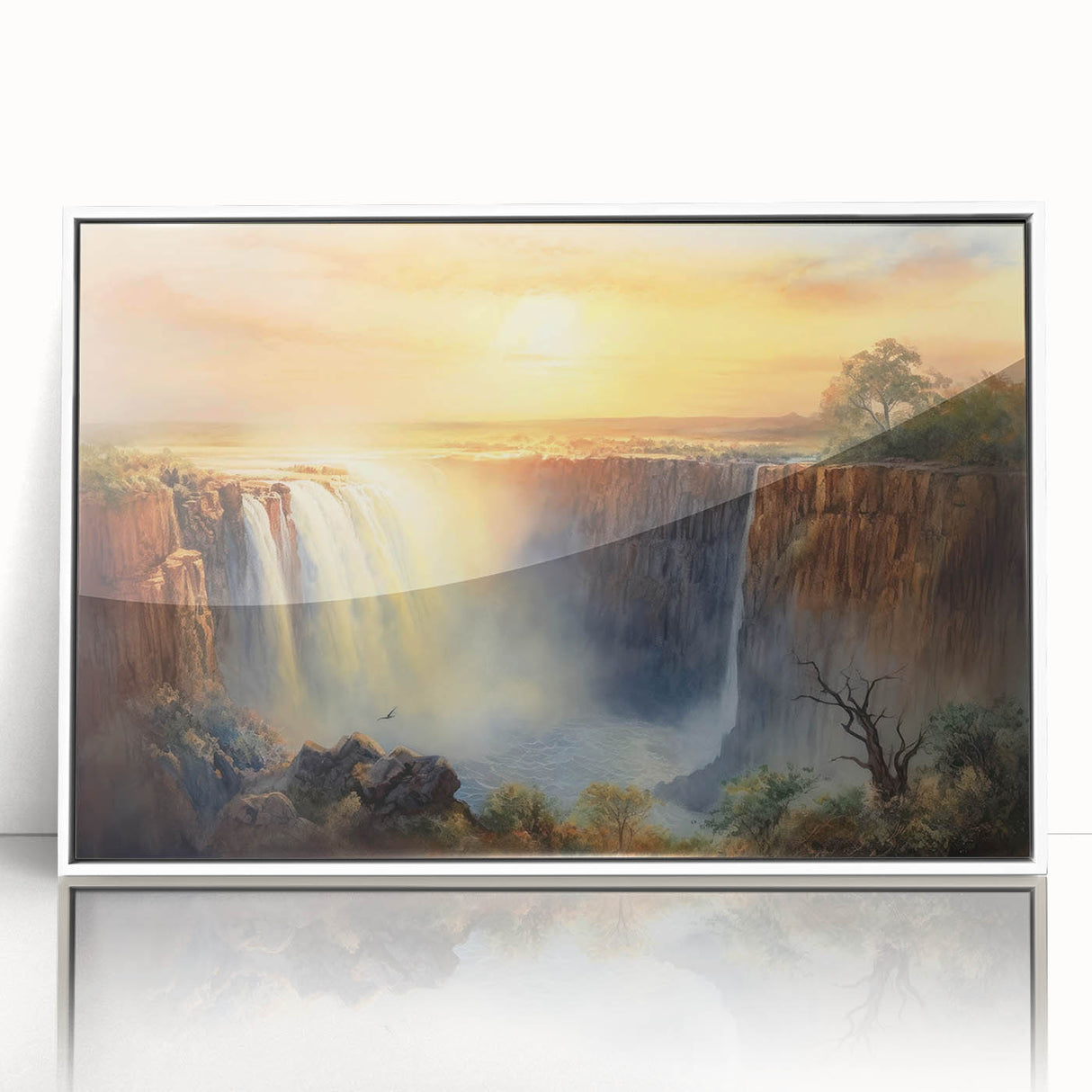 Mid-century modernist style African landscape in muted earth tones on framed acrylic, suitable for modern art wall decor.
