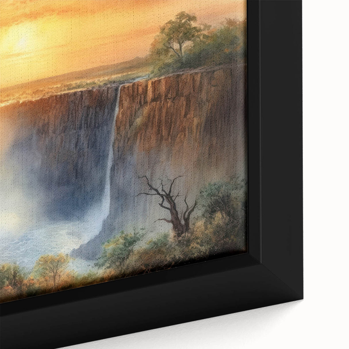 Close-up of extra large framed canvas featuring a textured, colorful African scenery, ideal for living room decor.