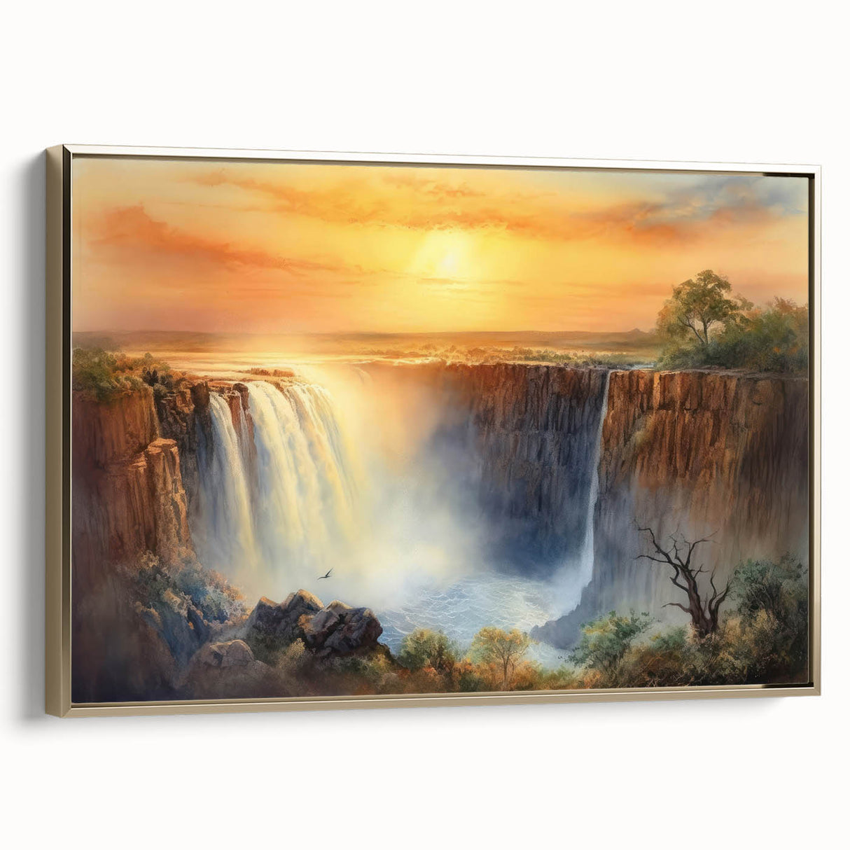 Framed canvas depicting a vintage-style African landscape in muted gold and black tones, ideal for bedroom wall art.