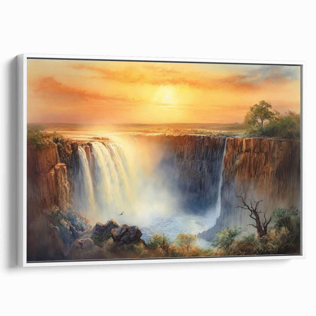 Vintage poster art of a Zambian landscape on framed canvas, featuring vibrant colors ideal for living room decor.