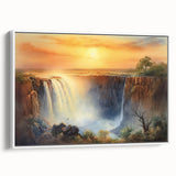 Vintage poster art of a Zambian landscape on framed canvas, featuring vibrant colors ideal for living room decor.