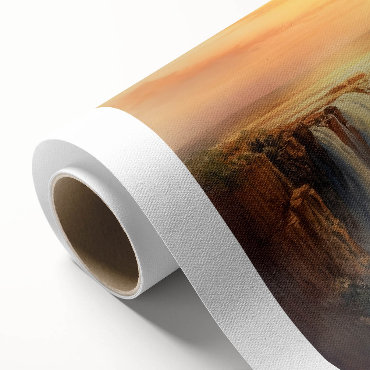Art Deco-style poster of African scenery on rolled canvas, with muted earth tones.