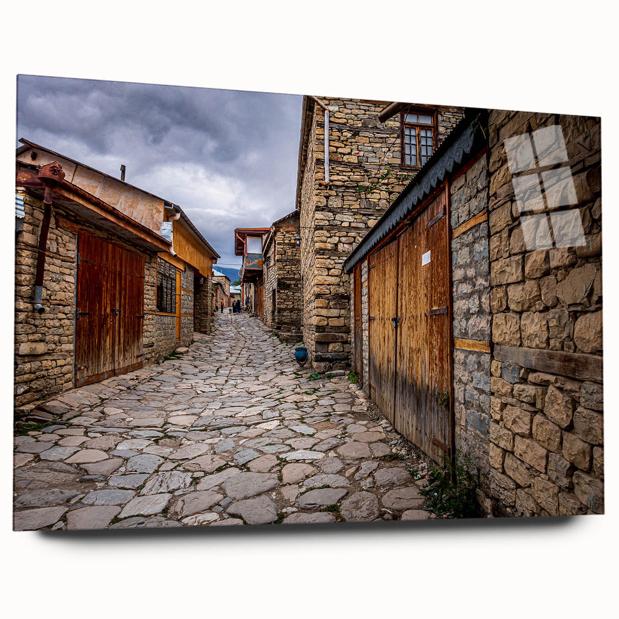 Large abstract wall art depicting a serene Azerbaijan landscape in muted earth tones on acrylic glass.