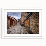 Abstract art print of an Azerbaijan landscape in muted earth tones on a framed white mat, ideal for dining room decor.