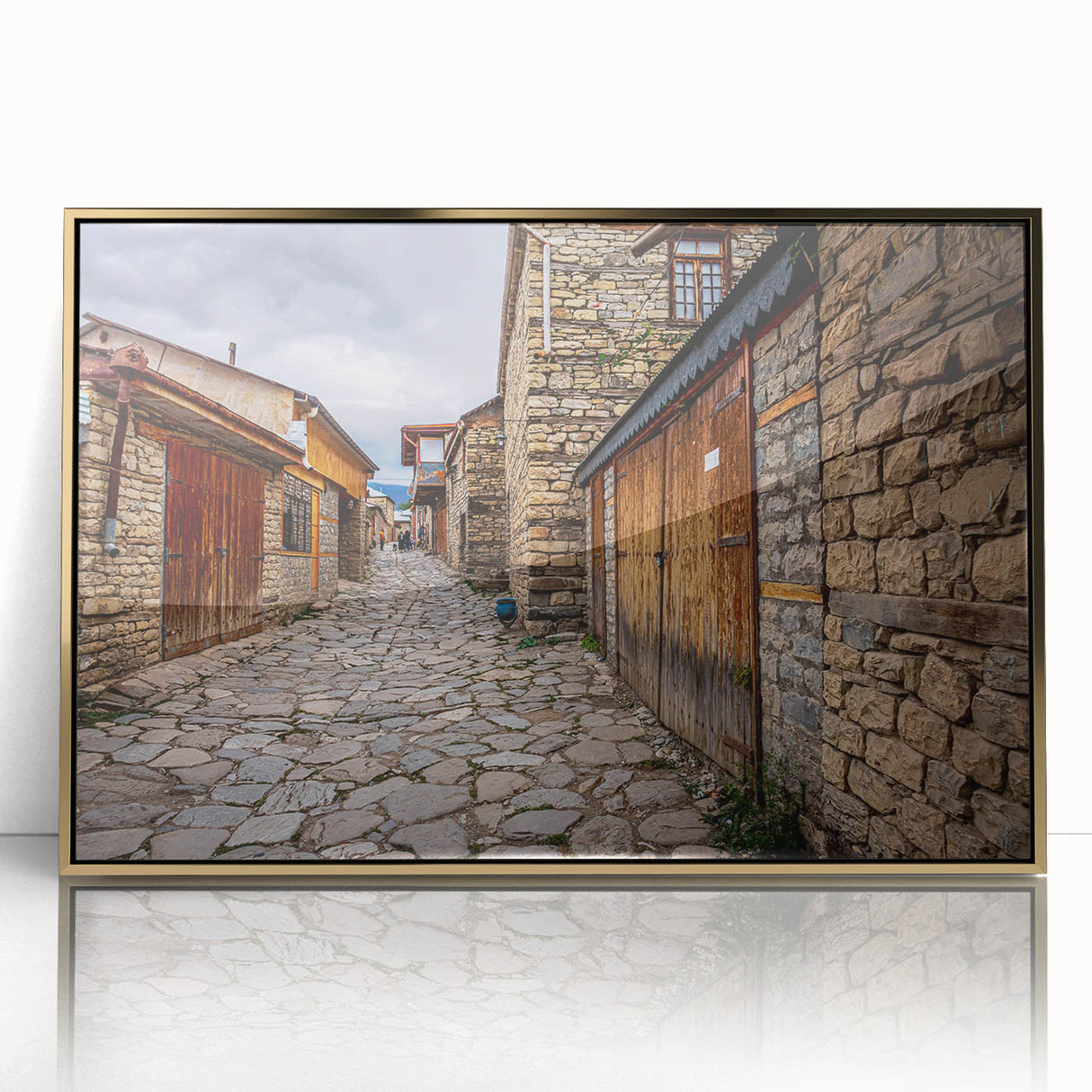 Large art print of a mid-century modernist Asian scenery in Azerbaijan, framed in gold acrylic.