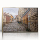 Large art print of a mid-century modernist Asian scenery in Azerbaijan, framed in gold acrylic.