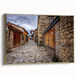 Framed canvas depicting a serene Azerbaijani landscape in muted gold and black tones, ideal for bedroom wall art.