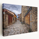 Large stretched canvas depicting an Asian landscape in muted earth tones, ideal for kitchen wall art.