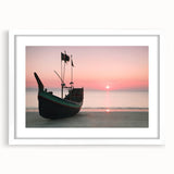 Abstract art print of a serene Bangladesh landscape in muted green and blue tones on a framed white mat.