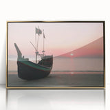 Large art print of a Bangladesh scenery in mid-century modernist style, acrylic on canvas with gold frame.