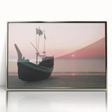 Mid-century modernist art depicting a serene Bangladesh landscape in muted greens and blues on a framed acrylic print.