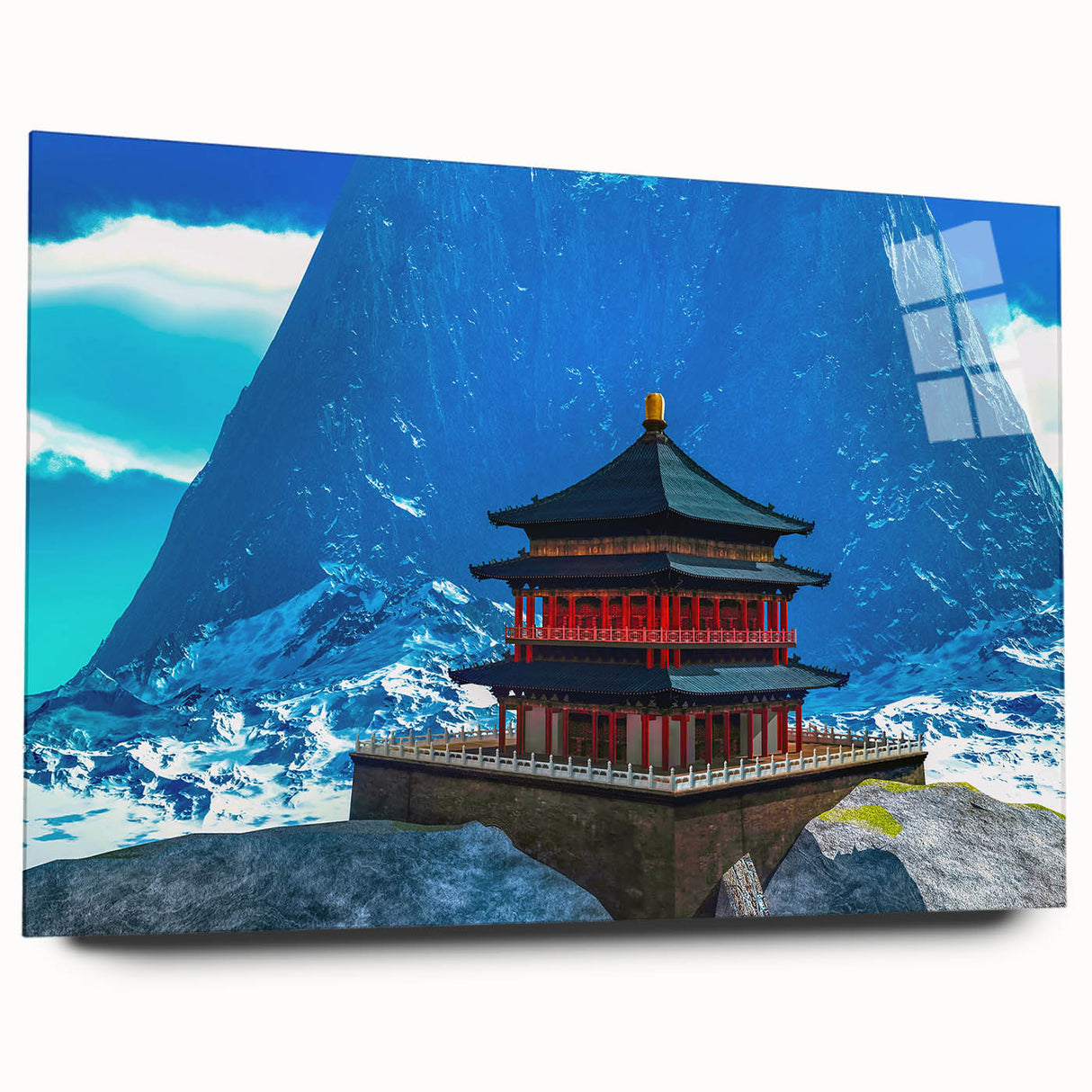 Large abstract wall art of Bhutan scenery in muted earth tones on acrylic glass, suitable for bedroom or dining room decor.