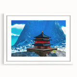 Abstract art print depicting a serene Bhutanese landscape in soft pastel shades, framed with a white mat.
