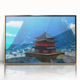 Mid-century modernist acrylic print of a Bhutanese landscape in gold frame, suitable for modern art wall decor.