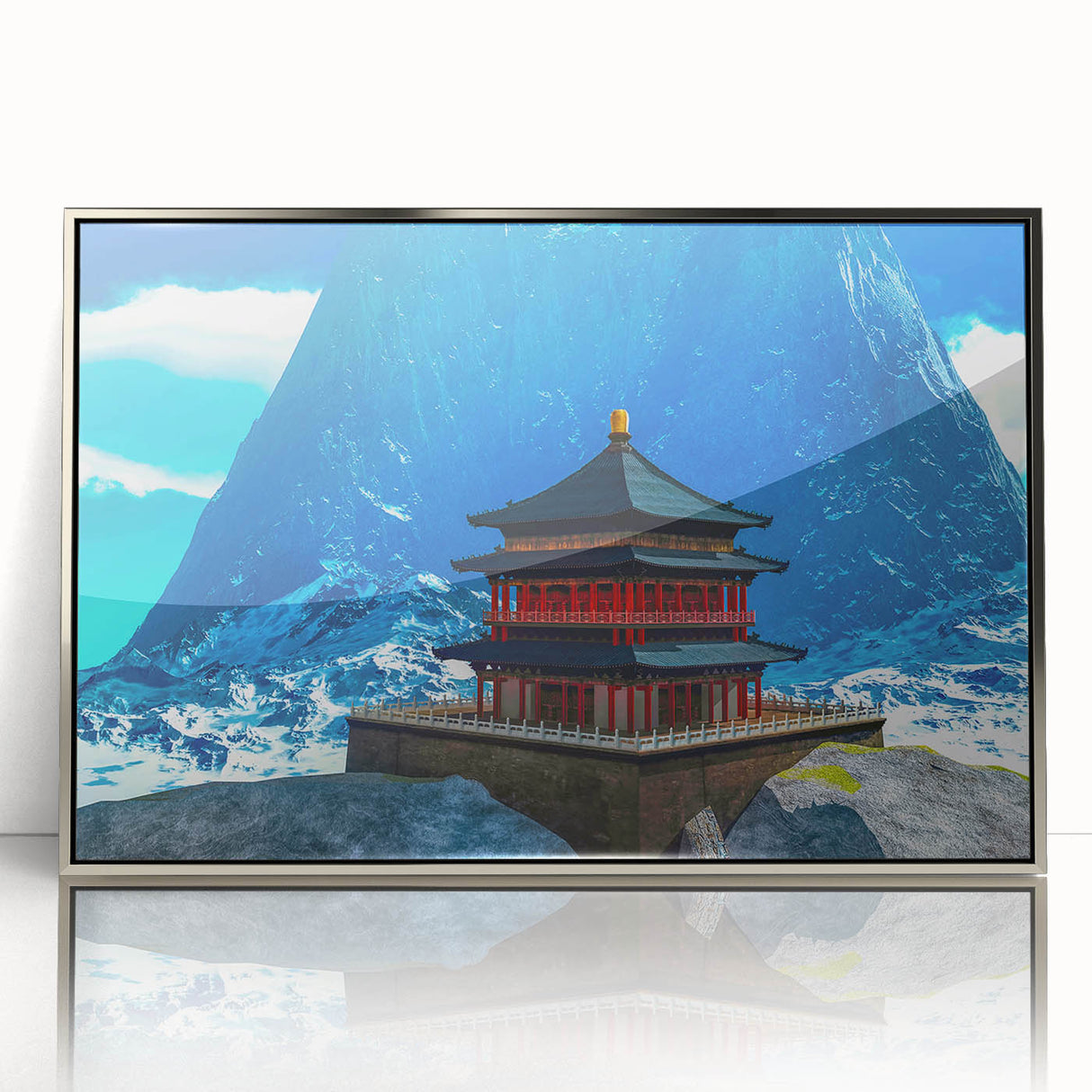 Mid-century modernist art depicting a serene Bhutanese landscape in soft earth tones on a silver-framed acrylic print.