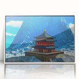 Acrylic print of a serene Bhutan landscape in muted earth tones, framed in white, suitable for modern art wall decor.