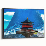 Black and white framed canvas of a Bhutanese landscape, ideal for bedroom wall decor, featuring vintage poster art style.