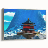 Landscape art painting of Bhutan scenery on a silver-framed canvas, featuring vibrant colors and vintage poster style.
