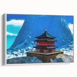 Vintage poster art of a Bhutanese landscape on a large framed canvas, featuring vibrant colors against a black background.