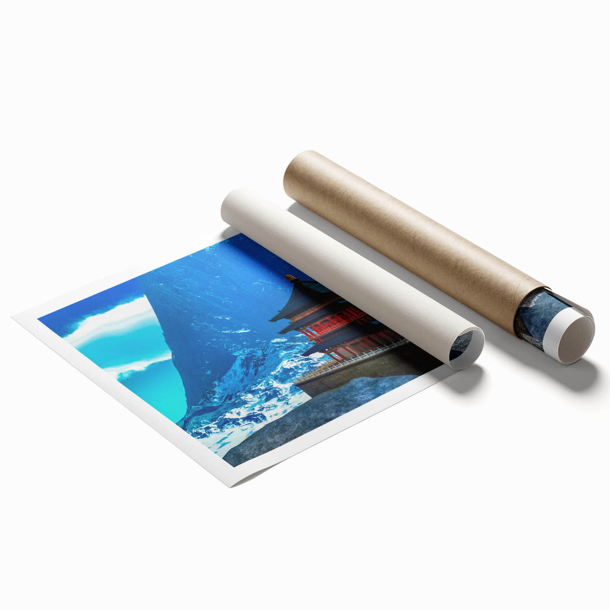 Extra large rolled print of a serene Bhutanese landscape with vibrant green and blue tones.