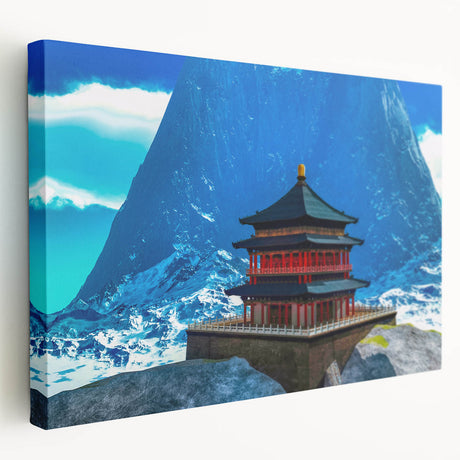 Large stretched canvas depicting a serene Bhutanese landscape in muted earth tones, ideal for kitchen wall art.