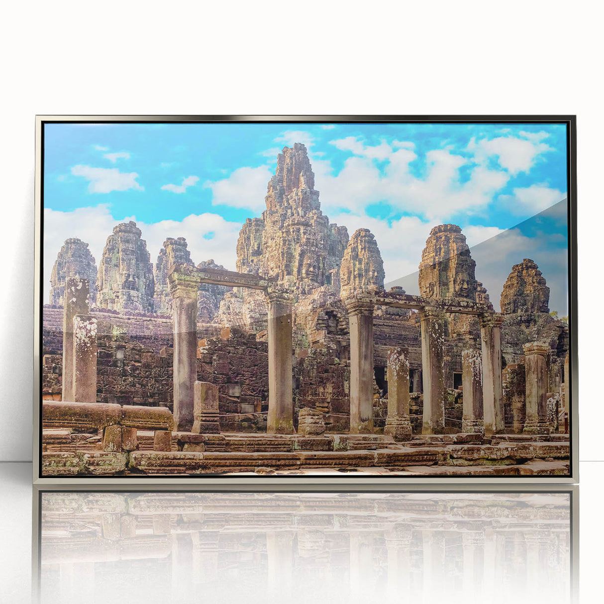 Mid-century modernist art depicting a Cambodian landscape in muted earth tones on a silver-framed acrylic print.