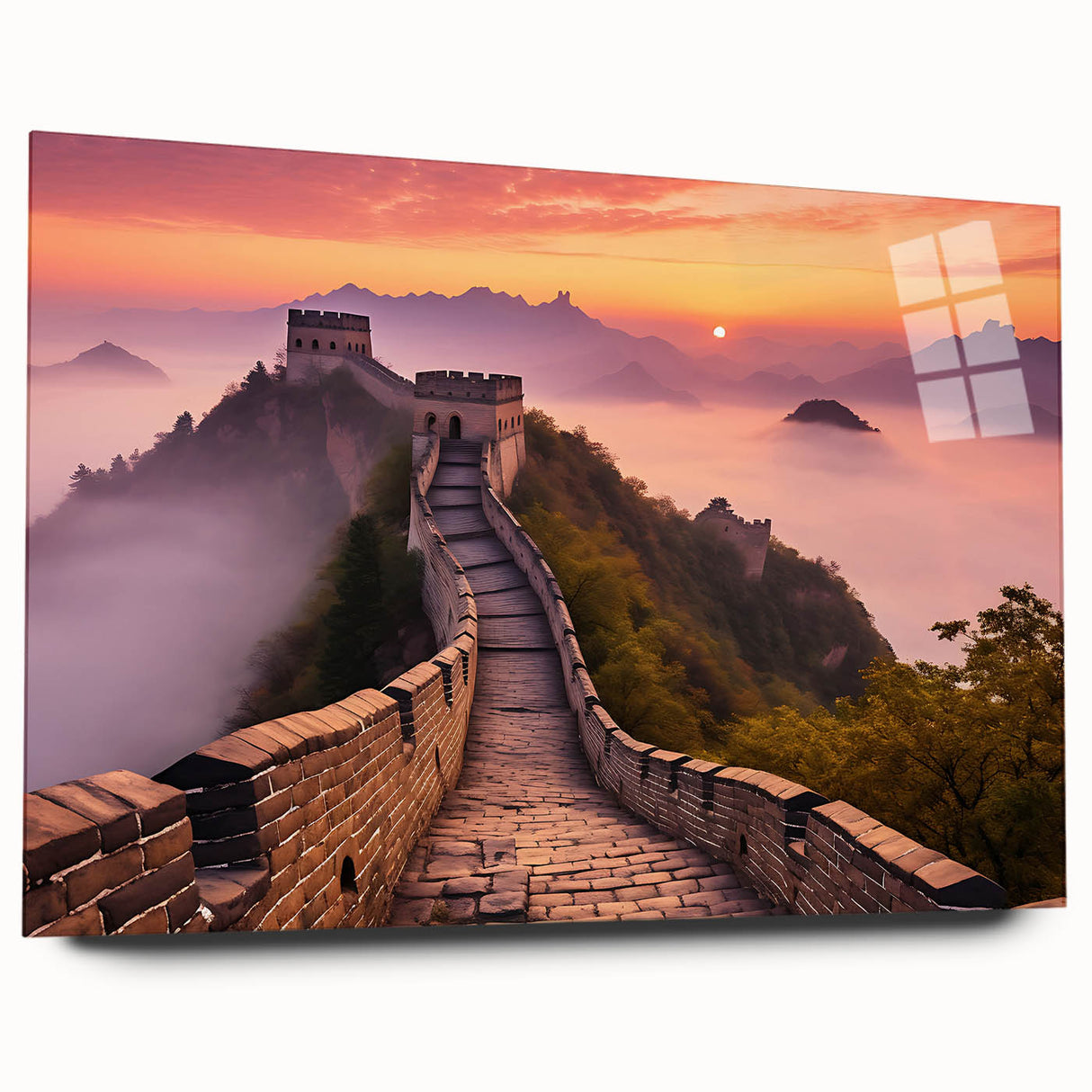 Acrylic print of the Great Wall of China in muted earth tones, ideal for bedroom or dining room art.