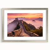 Textured art of the Great Wall of China in muted earth tones on a framed silver mat, suitable for bedroom art.